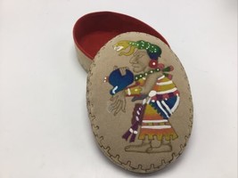 Trinket Box Suede Tribal Man Dresser Oval Padded Lid Tan Multicolor Line... - $32.33