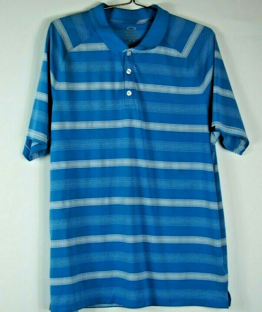 Oakley Men's Polo Shirt Blue white Stripe Size XL Regular Fit Short sleeve - $19.13