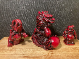 Lot of 3 Dragon, Elephant, Buddha Red Resin Good Luck Figurines - $11.90