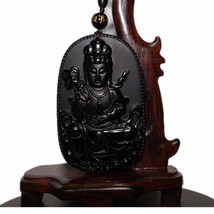2.6&quot; China Certified Nature Black Obsidian Jade Blessing Kwan-yin Hand M... - £49.57 GBP
