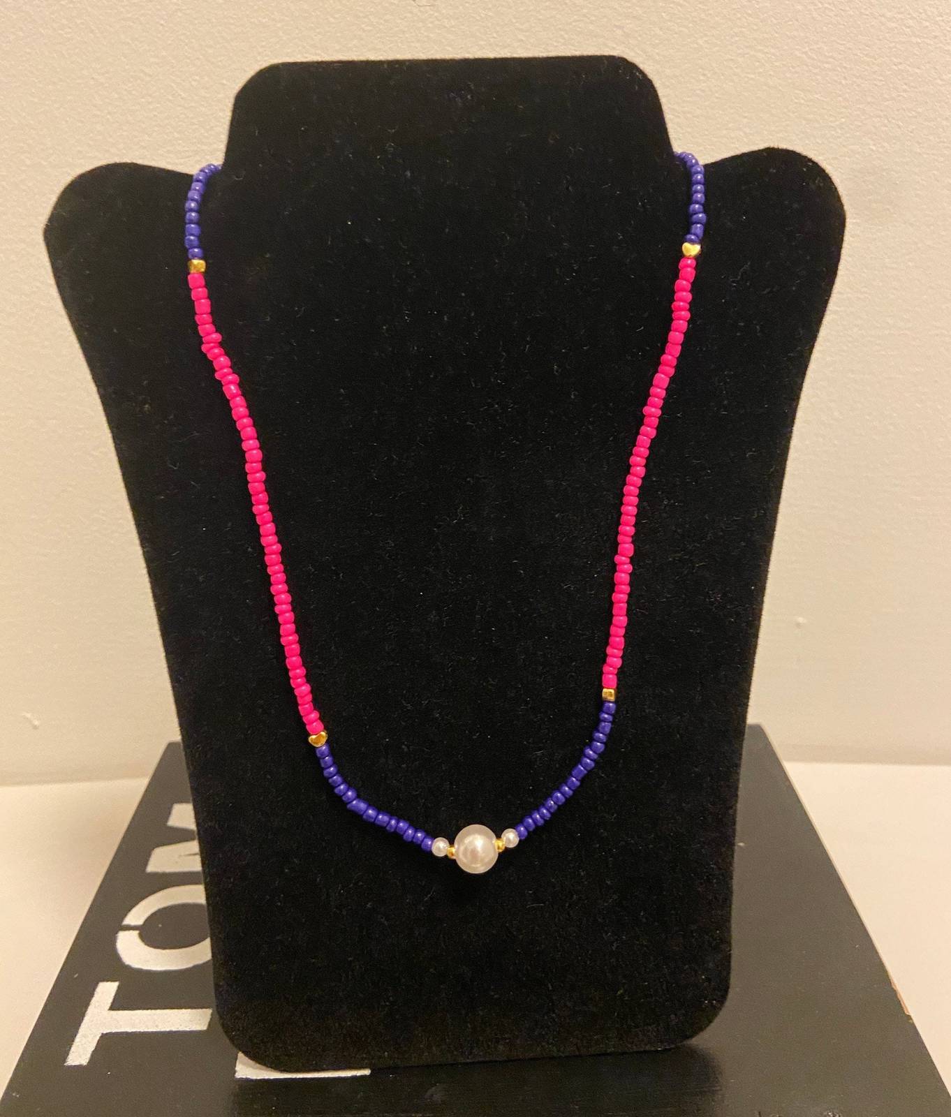 Pearl handmade necklace multicolour seed beaded pink navy blue summer handmade c - £11.99 GBP