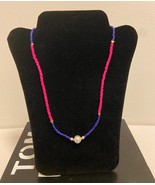 Pearl handmade necklace multicolour seed beaded pink navy blue summer ha... - $15.00