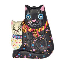 Hand-Painted Wooden Cat &amp; Kitten Brooch Pin Colorful Polka Dots &amp; Scarf Designs - $14.20