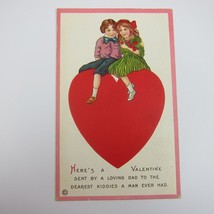 Postcard Valentine Greeting Dad to Kids Boy &amp; Girl Red Heart Embossed UN... - £7.81 GBP