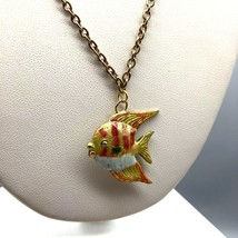 Vintage Puffy Cloisonne Fish Pendant, Colorful Angel Fish on Gold Tone Chain - £22.62 GBP