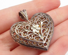 925 Sterling Silver - Vintage Dark Tone Floral Swirl Vine Heart Pendant - PT3832 - $45.42