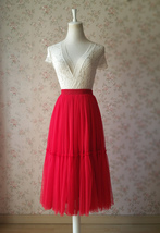 RED Midi Tulle Skirt Outfit Women Custom Plus Size Tiered Tulle Skirt