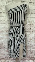 BCBGMaxazria Dress XS Black Beige Striped Sheath Mini One Shoulder Silk Stevie - £54.27 GBP