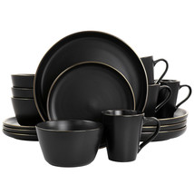 Elama Paul 16 Piece Stoneware Dinnerware Set in Matte Black with Gold Rim - $145.49