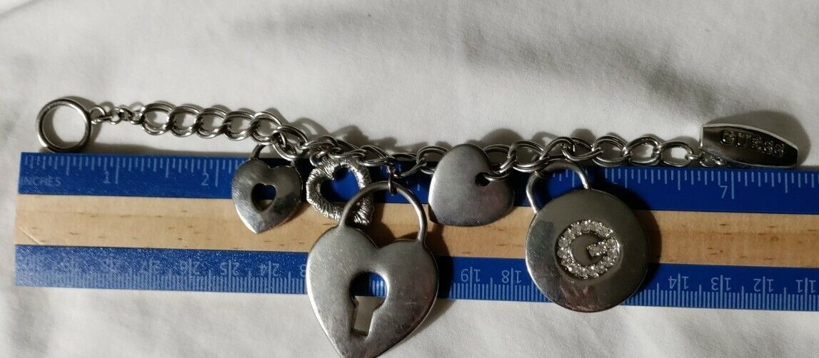 GUESS vintage Keyhole, Heart, & G - Silver tone pave rhinestones Charm Bracelet - $15.64