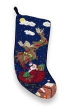 Vintage Needlepoint Christmas Stocking 18&quot; Santa w/ Reindeer and sleigh wool - £31.25 GBP