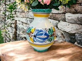 Studio Art Pottery Stoneware Gold Blue Green Floral Vase  5 1/4” Tall - £14.62 GBP