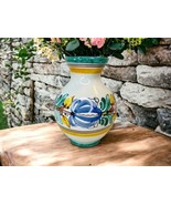 Studio Art Pottery Stoneware Gold Blue Green Floral Vase  5 1/4” Tall - £14.83 GBP