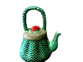 Green Beaded Purse Ceramic Tea Pot Rose On Top Of Lid 9.5&quot;T - $19.79