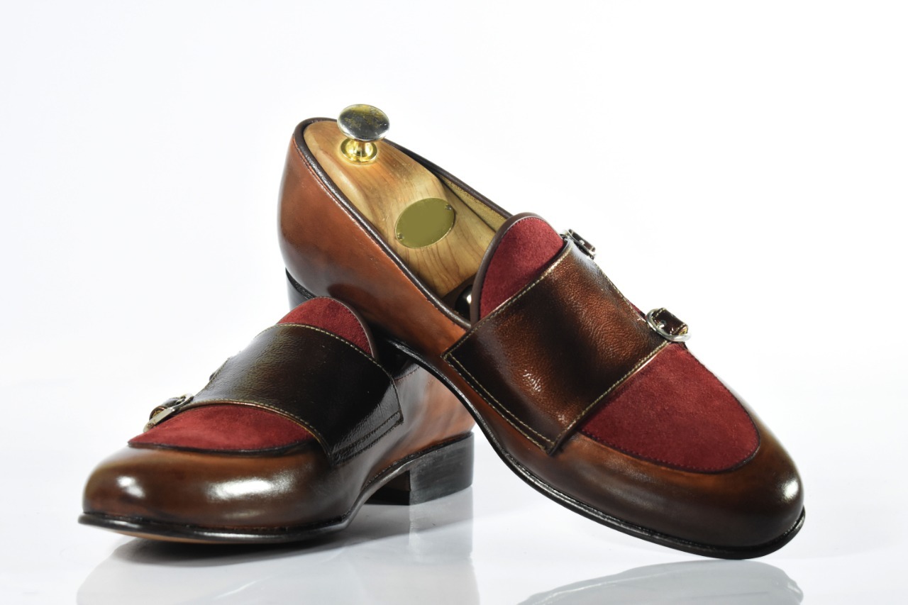 Handmade Men's Two Tone Brown Burgundy Leather Suede Loafers, Men Designer Shoes