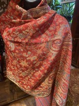 Estilo Vintage Rojo y Dorado Punto Brocado Pashmina de Cachemir Bufanda ... - $39.60