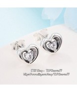 Valentine&#39;s Day Sterling Silver Radiant Heart &amp; Floating Stone Stud Earr... - £13.15 GBP