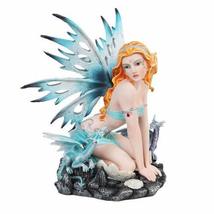 PTC Blue Ice Fairy Sitting with Baby Dragons Mystical Statue Figurine - $79.19