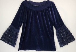 Womens Shirt Medium Blue Velvet Off the Shoulder Lace Trim Bell Sleeve B... - £26.17 GBP