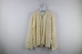 Vtg 60s 70s Boho Chic Womens L Fringed Flower Crochet Knit Open Front Sweater - £78.13 GBP