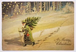 Green Robe Santa Father Christmas Carries Tree Through Forest Postcard C39 - £11.81 GBP