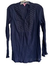Lilly Pulitzer Freya Crochet Tunic Top Navy Blue Gauze V-Neck Floral Wom... - $14.69