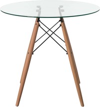 Round Clear Glass Top Accent Dining Table With 4 Beech Solid Wood, Living Room - £127.38 GBP