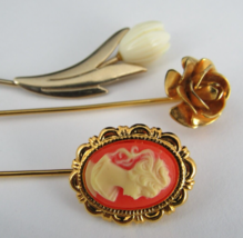 X3 Vintage Hat Pins Stick Pins Cameo Rose Tulip Flower Gold Tone Estate Sale - £26.14 GBP