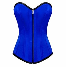 Blue Corset Zipper Satin Goth Burlesque Halloween Costume Long Overbust Bustier - £62.11 GBP