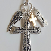 Cross Faith Message Cluster Pendant Necklace &amp; Earrings Set 27&quot;  Silver w/ Gold - £15.81 GBP
