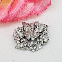 Vintage Birds &amp; Blooms Pewter Tone Butterfly Brooch Pin 1998 Limited Edition - $10.00