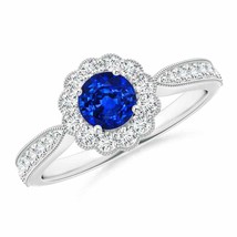 ANGARA 5mm Natural Sapphire Milgrain Ring with Diamond Halo in Sterling Silver - £463.37 GBP+