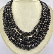 Natural Garnet Beads Carved Melon 4 Line 2392 Carats Necklace With Silver Hook - £303.73 GBP