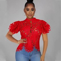 Elegant Short Sleeve Hollow Out Lace Sheer See Through Blouse - £29.84 GBP