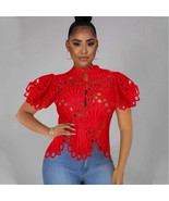 Elegant Short Sleeve Hollow Out Lace Sheer See Through Blouse - $52.06 CAD