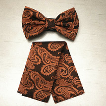 Men Rust Orange BUTTERFLY Bow tie And Pocket Square Handkerchief Set Wed... - £9.28 GBP