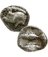 BOAR/2 Fish. Mysia, Kyzikos 450 BC Tiny Early Ancient Greek Silver Hemio... - $94.05