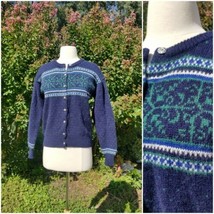 Vintage LL Bean women Shetland Wool Knit Nordic Blue Cardi Sweater S - $34.65