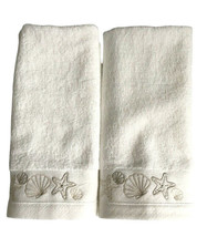 Shell Starfish Fingertip Towel White Gold Embroidered Set of 2 Summer Beach Home - £28.88 GBP