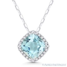1.83 ct Cushion Cut Blue Topaz Gem Diamond Halo Pendant Necklace 14k White Gold - £341.65 GBP