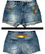 Denim Booty Shorts Embroidered Size 27 (30) Boyfriend Frayed Hem Stretch... - £9.39 GBP