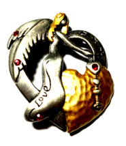 Vintage Pewter &amp; Gold Color with red rhinestones DD Love ANGEL 2&quot; Brooch, Signed - £13.54 GBP