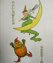 Halloween Postcard Gibson Goblin Green Dress Witch Sitting On Crescent Moon 1916 - £70.91 GBP