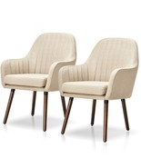 Set of 2 Retro Off-White Linen Upholstered Accent Chair with Stylish Woo... - $586.00 CAD