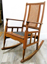 Antique Mission Style Oak Cane Back Black Leather Seat Rocking Chair - $395.01