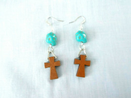 Brown Wooden Cross Cut Out And Light Turquoise Blue Nugget Dangle Earrings - £5.58 GBP