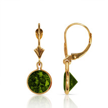 Emerald Bezel Set Round Shaped Leverback Dangle Earrings 14K Solid Yellow Gold  - $125.71