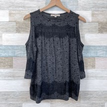 LOFT Lacy Dotted Cold Shoulder Tee Gray Black Lattice Trim Casual Womens... - £15.73 GBP