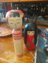 Vintage Japanese Wooden Wood Dolls Geisha Removeable Top Hair 4-6&quot; red floral - £21.17 GBP