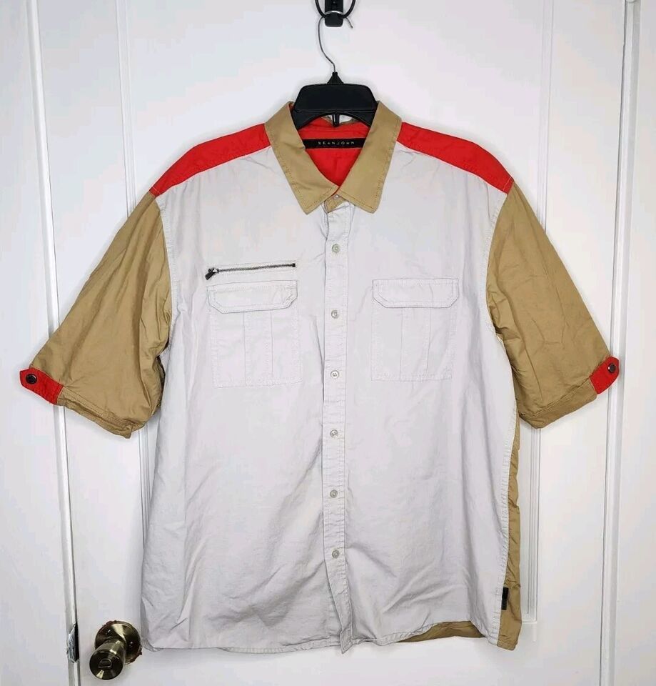Sean John Button Up Shirt Mens 2XL Beige White Zip Pockets Cotton Short ... - $9.50